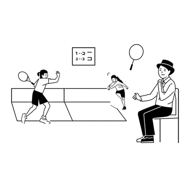 A badminton umpire sitting in a high chair, focused on the game unfolding below. The umpire is wearing a uniform, complete with a badge, and has a stern expression as they watch the players. The players on the court are in dynamic positions, one mid-swing with a racket, while the other is poised to receive. The tension in the match is evident on their faces. A scoreboard is visible in the background, showing the current score. The court is marked with clear boundary lines, and a net stretches across the middle.