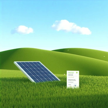 A lush green landscape featuring rolling hills covered in vibrant grass and scattered wildflowers. In the foreground, there is a large solar panel positioned on the ground, reflecting sunlight. Beside the solar panel, there is a visible bill for renewable energy, with clear printed text showing the details of the energy usage. The sky above is bright blue with a few fluffy white clouds, adding to the cheerful atmosphere of the scene.