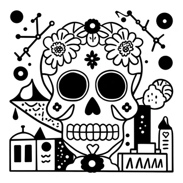 A detailed sugar skull with intricate designs and patterns filling its surface. The skull is adorned with floral motifs, including marigolds and other traditional Day of the Dead elements around it. Decorative elements such as candles and papel picado are arranged in the foreground. There are geometric patterns in the background, creating a rich tapestry of shapes and symbols typical of the celebration. The overall composition emphasizes the cultural significance of the Day of the Dead.