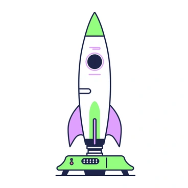 A rocket ship is standing upright on a launch pad. The nose cone of the rocket ship is uniquely designed to resemble a human nose, with soft contours and a prominent tip. The body of the rocket is sleek and cylindrical, adorned with various details such as windows and a hatch. Below the rocket, the launch pad has support structures and a small control panel with blinking lights. In the background, a clear sky stretches out, emphasizing the height of the rocket ship.