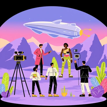 A film set depicting a futuristic sci-fi movie scene being filmed. The background showcases vibrant alien landscapes, featuring mountains with glowing purple peaks and a sky filled with swirling neon colors. In the foreground, a film crew with various equipment is setting up lights and cameras, capturing the scene. The director, wearing a headset, is giving instructions to the actors. The actors, dressed in elaborate futuristic costumes with metallic accents, are posing dramatically under a large, hovering spaceship. A few strange plant life with luminescent features can be seen around the set.