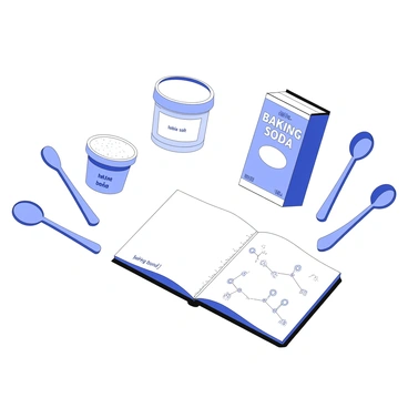A flat surface displays various common household items. There is a small container of "table salt" with a label indicating its ionic bond nature. Nearby, a box of "baking soda" also has a label showing its ionic bond characteristics. There are measuring spoons placed next to the items, highlighting their usage in cooking. A notebook is open, showing diagrams of the ionic bonds of both substances, with annotations for clarity. The entire setup is organized and clearly labeled for educational purposes.