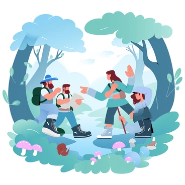 A group of adventurers is exploring a dense forest filled with towering trees and lush greenery. The first adventurer, wearing a backpack and a wide-brimmed hat, is examining a map, while the second, dressed in sturdy boots and a cloak, is pointing at a path that winds through the foliage. The third adventurer, equipped with a walking stick, is inspecting a cluster of colorful mushrooms at the base of a tree. Various forest creatures, such as a squirrel and a small bird, can be seen among the branches and underbrush. Sunlight filters through the leaves, creating a play of light and shadow across the forest floor. In the background, a gentle stream can be glimpsed, adding to the sense of adventure and exploration.
