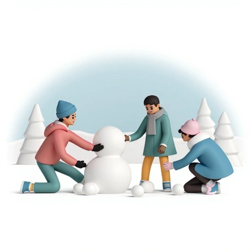 A group of three friends is outside on a winter day, surrounded by a landscape covered in fresh snow. One friend, wearing a red jacket, blue beanie, and black gloves, is rolling a large snowball to form the base of a snowman. Another friend, dressed in a green coat, grey scarf, and brown mittens, is adding smaller snowballs for the snowman's head. The third friend, in a blue parka, white scarf, and pink gloves, is crouched down, holding a snowball, ready to throw. In the background, snow-covered trees stand tall against a clear blue sky, adding to the festive winter atmosphere.