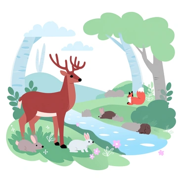 A lush green forest scene filled with various animals in their natural habitat. A majestic deer stands in the foreground, its antlers proudly displayed. Nearby, a group of rabbits is nestled among the ferns, one of them nibbling on a patch of grass. In the background, a family of foxes plays near a burrow, their reddish fur contrasting with the green foliage. Tall trees with textured trunks rise around them, their leaves creating a vibrant canopy overhead. A small stream flows gently through the scene, reflecting the surrounding colors. Delicate wildflowers bloom along the riverbank, adding splashes of color to the landscape.