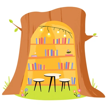 A cozy library set inside a large tree trunk, featuring warm wooden walls and shelves carved from the trunk itself. The interior is filled with tiny, glowing books scattered across the shelves, each emitting a soft, magical light. A small round table is placed in the center, surrounded by tiny chairs, creating an inviting reading nook. Delicate fairy lights hang from the branches above, illuminating the space with a gentle glow. The floor is covered with a soft green moss, and small colorful flowers peek through the cracks, adding charm to the cozy atmosphere.