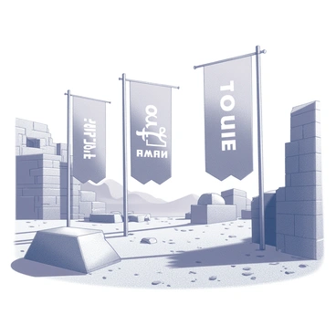A series of banners are suspended between ancient structures in Nineveh. The banners display distinct messages of "warning" and "hope," featuring bold lettering that contrasts sharply with the stark surroundings. The architecture of the ancient city provides a rugged backdrop, showcasing weathered stone walls and intricate carvings. The ground is uneven, with remnants of historical artifacts scattered about, adding to the atmosphere of the scene. The sky above is vast, emphasizing the importance of the messages conveyed on the banners.