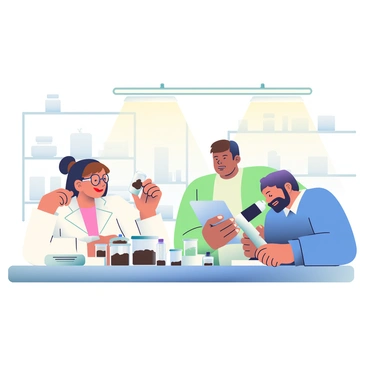 A team of three researchers is gathered around a large laboratory table, analyzing soil samples. One researcher with short brown hair and glasses is focused on examining a small vial of dark brown soil, holding it up to the bright overhead lights. Another researcher, a woman with long black hair tied in a bun, is taking notes on a clipboard, wearing a white lab coat. The third researcher, a man with a beard and a blue shirt, is using a microscope to inspect a sample. Various containers with labeled soil samples are spread across the table, and a digital scale is visible nearby. Bright fluorescent lights illuminate the room, reflecting off stainless steel surfaces and creating a clinical atmosphere.