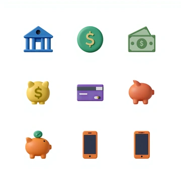 A collection of colorful icons representing various banking services, arranged in a grid format. The first icon is a blue bank building with a white columns design, symbolizing traditional banking. Next, there is a green dollar sign icon, indicating money management. A purple credit card icon is present, illustrating electronic payments. There is also a yellow piggy bank icon, representing savings. Additionally, an orange smartphone icon displays a mobile banking app interface. The icons have a flat design style and are visually distinct, allowing easy identification of each service.