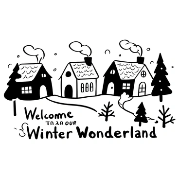 A snowy village scene featuring multiple cozy cottages with steep roofs, each adorned with snow. Smoke is rising from the chimneys of the cottages and floating into the winter air. Pine trees are scattered throughout the village, their branches heavy with snow. Some pathways are visible, winding between the cottages. A gentle snowfall is occurring, adding to the winter atmosphere. The words "Welcome to Our Winter Wonderland" are displayed in the foreground.
