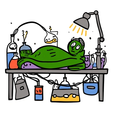 Frankenstein's monster, with greenish skin and prominent stitches on his forehead, lies on a metal laboratory table. His eyes are wide open, reflecting an intense energy as he comes to life. The table is surrounded by various eerie scientific equipment, including glass beakers filled with colorful liquids, wires sparking with electricity, and an old-fashioned operating table lamp casting a stark light. Shadows loom in the background, enhancing the atmosphere of the laboratory. The monster's muscles are tense, showcasing raw power and struggle as he begins to awaken.