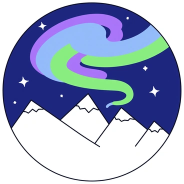 A snowy mountain range under a night sky. The mountains are capped with white snow and have sharp, jagged peaks. The sky is filled with vibrant shades of green, blue, and purple, depicting the northern lights in a flowing motion. The lights are casting a soft glow on the snow below, creating a picturesque contrast between the dark night and the illuminated landscape. Stars twinkle in the clear sky above the mountains.