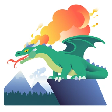 A fierce dragon with emerald green scales is perched on a rocky cliff. Its eyes are glowing yellow, and sharp, white teeth are visible as it exhales a massive plume of bright orange fire. The flames illuminate the surrounding landscape, revealing dark, jagged mountains and a dense forest below, with smoke swirling into the night sky. The dragon's wings are spread wide, casting a large shadow over the cliff, while embers dance in the air around it.
