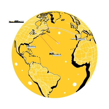 A satellite image displaying a vast view of the Earth, showcasing intricate networks of roads, railways, and shipping lanes. Various colored lines and arrows indicate the movement of freight across continents and oceans. Small icons represent cargo ships, trucks, and trains in real-time, with labels indicating their destinations. The image features a grid overlay for tracking purposes, highlighting significant trade routes and hubs. Bright spots represent major ports and cities, illustrating the global scale of freight movement.