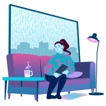 A young girl with light brown hair tied in a loose ponytail is sitting comfortably on a plush couch. She has a focused expression as she draws on a sleek tablet resting on her lap. The scene outside the large window shows heavy rain, with numerous droplets sliding down the glass in a chaotic pattern. Soft, warm light from a standing lamp envelops the room, contrasting with the grayness of the rainy weather. The girl is wearing a chunky knit sweater and has a cozy blanket draped over her legs, creating a warm atmosphere. On the table next to her, there is a steaming mug filled with a hot beverage.