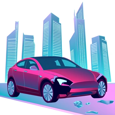 A Tesla car with a dented side, surrounded by city skyscrapers after an accident