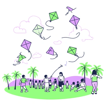 A scene depicting kites soaring in the sky during a festival in Bali. The sky is filled with several kites of different shapes and sizes, with intricate patterns visible on their surfaces. Each kite dances on the wind, creating a dynamic visual spectacle. Below, a crowd of people is gathered on a grassy area, with some holding strings to control the kites. In the background, there are palm trees gently swaying and a few distant hills. The atmosphere conveys excitement and joy as participants engage in this vibrant celebration.