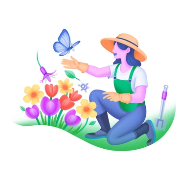 A gardener in a wide-brimmed hat is kneeling in a vibrant flower bed, surrounded by a variety of colorful flowers. The gardener is reaching out with one hand, attempting to catch a delicate blue butterfly fluttering nearby. Their other knee is inadvertently pressing down on a cluster of blooming flowers, causing some petals to bend and break. The scene captures the lively colors of the garden, including reds, yellows, and pinks, while the butterfly is mid-flight, adding a sense of motion to the image. The gardener is wearing a pair of gloves and has gardening tools scattered around, enhancing the lively atmosphere of the garden.