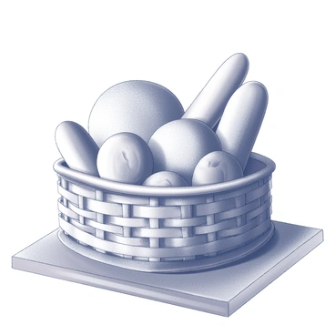 A woven basket filled with an assortment of breads, including loaves, rolls, and baguettes. The basket is positioned on a rustic wooden table, showcasing the grain and texture of the wood. The breads are arranged with some partially overlapping, highlighting their different shapes and sizes. The scene captures the warmth of the setting, with the natural material of the table complementing the various textures of the breads.