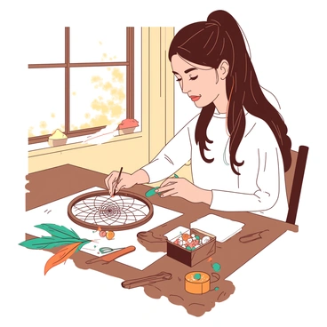 A person is sitting at a wooden table, focused on creating a dream catcher. The individual has long brown hair tied back and is wearing a cozy white sweater. They are weaving colorful threads through a circular wooden hoop. Around them are various materials, including feathers in shades of teal and orange, beads in different shapes and sizes, and rolls of string. The table has an assortment of crafting tools and a small open box filled with tiny charms. The background features a warm, inviting atmosphere with soft sunlight streaming through a nearby window, casting gentle shadows on the workspace.