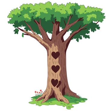 A large tree with heart carvings on its trunk, symbolizing enduring love through the years.