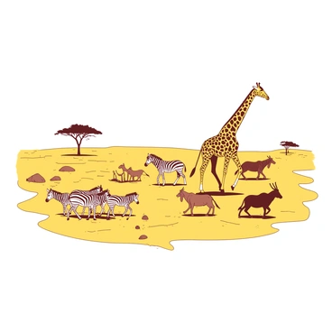 A group of various animals, including a tall giraffe, a herd of zebras, and a few antelopes, is moving across a dusty yellow landscape. The ground is cracked and parched, showcasing the lack of moisture in the environment. In the distance, there are sparse patches of brown grass and a few scattered rocks. The animals appear focused and determined, their silhouettes contrasting against the bright yellow of the dry terrain. A single palm tree stands on the horizon, hinting at the search for water nearby.