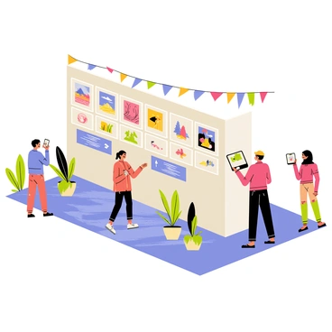 A virtual art fair booth featuring a vibrant setup with colorful banners hanging overhead. The booth showcases multiple framed illustrations arranged neatly along the back wall. Each illustration displays a unique design, with some showcasing landscapes, others featuring abstract patterns, and a few depicting charming characters. In front of the booth, there are interactive digital screens that allow visitors to explore more about each piece. The floor of the booth is elegantly designed with a trendy pattern, and small potted plants are positioned strategically around to add a touch of greenery. Visitors of diverse backgrounds are seen engaging with the booth, admiring the artwork on display.