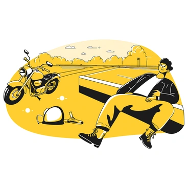 A biker resting alongside a highway, leaning against a guardrail. The biker is wearing a black leather jacket and a helmet resting beside them. Their legs are stretched out with yellow boots propped up on the guardrail. There is a motorcycle parked nearby, and a stretch of the highway with distant trees and a clear sky is visible in the background. The biker has a content expression while enjoying the break.