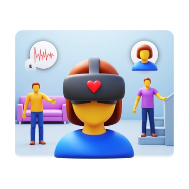 A virtual reality headset displaying a heart icon in red color. The headset is set against a background of a room, with users engaging in everyday tasks. A person is attempting to perform simple actions like walking and climbing stairs, while a visual overlay illustrates symptoms of heart failure with icons representing fatigue and breathlessness. Close-up views show a heart monitor with fluctuating readings. The environment should reflect a home setting with furniture and everyday objects.
