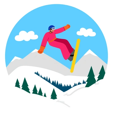 A ski jumper in a bright red suit soaring mid-air with arms extended wide. The jumper is wearing a blue helmet and goggles, showcasing determination on their face. Below, a snowy mountain range stretches out, covered in a thick blanket of white snow, with pine trees dotting the lower slopes. Fluffy white clouds hang in the clear blue sky above, adding to the sense of height and excitement. The sun casts soft shadows that accentuate the contours of the mountains, creating a vibrant contrast with the bright colors of the ski jumper’s suit.