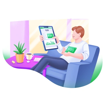 A modern pastel illustration featuring a person sitting comfortably on a couch while browsing an online banking app on a tablet. The person is wearing casual attire and has a focused expression. The tablet screen displays various financial options and graphs. On a nearby coffee table, there is a small houseplant, a coffee mug, and some scattered notes. The background includes a softly colored wall and a window with sunlight streaming in, creating a warm atmosphere.