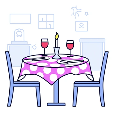 A small round table set for two in a quaint restaurant with a checkered tablecloth. On the table are two elegant plates with silver cutlery placed neatly beside them. In the center, there is a flickering candle in a glass holder, casting a warm glow. The background features soft lighting and simple decorations that enhance the cozy atmosphere. Two wine glasses filled with red wine sit opposite each other on the table.