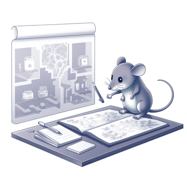A small mouse is sitting at a tiny wooden desk, focused on its task. It holds a sharpened pencil in its paw, carefully sketching a detailed map of the woodland. The desk is cluttered with various drawing tools, including a compass and an open book filled with notes. In the background, there are miniature shelves lined with tiny jars and scattered papers. The mouse's expression is one of concentration as it looks closely at the map, which features winding paths, trees, and a small stream.