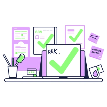 A series of documents are laid out on a table, each featuring a prominent "check mark" in the upper corner. Next to each check mark, there are sticky notes in varying sizes, displaying handwritten comments. The illustrations depict a variety of topics, like project plans and reports, each with unique headings at the top. The background of the scene is a workspace setting, complete with a laptop and a pen resting beside the documents. A cup filled with writing utensils is positioned nearby, adding to the organized atmosphere of final approval.