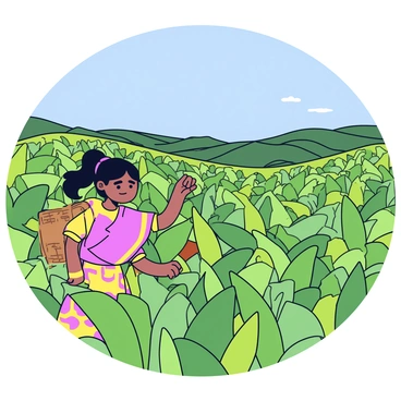 An Indian girl wearing a traditional colorful sari is picking tea leaves in a hillside tea garden. The girl has long black hair tied back and is holding a woven basket on her back. The tea bushes are lush and green, with young tender leaves visible. In the background, rolling hills covered in more tea plants stretch into the distance under a clear blue sky. There is a gentle breeze, causing some leaves to flutter. The sun casts soft shadows, highlighting the contours of the hillside.