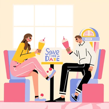 A couple seated in a retro diner booth with colorful red and white checkered upholstery. The couple, a woman with long brown hair and a man with short curly hair, is smiling at each other while holding two tall, frosty milkshakes topped with whipped cream and a cherry. A small round table between them holds a "Save the Date" sign in playful lettering, surrounded by colorful diner decorations including vintage salt and pepper shakers and a jukebox in the background. Bright, warm lighting fills the scene, enhancing the nostalgic atmosphere of the diner.