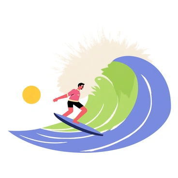 A surfer riding an enormous wave, positioned on a vibrant blue surfboard. The wave is depicted as a massive, curling sea of turquoise and white foam, towering dramatically behind the surfer. The sun is shining brightly overhead, casting sparkling reflections on the water's surface. In the background, the ocean extends into the horizon, with splashes of whitecaps around the wave. The surfer's body is angled dynamically, showing their concentration and skill as they navigate the powerful wave.