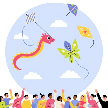 A colorful scene of a competitive kite battle in a bright blue sky. Several kites of various shapes and sizes soar high, featuring intricate designs with patterns like stripes, polka dots, and floral motifs. Two kites, one shaped like a dragon with red and gold scales and the other resembling a butterfly with vibrant blue and yellow wings, cross paths dramatically. Below them, a crowd of excited spectators watch, some holding strings and others cheering, adding to the lively atmosphere of the event.