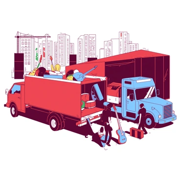 A red truck is parked with its back gate lowered, showing a pile of various musical instruments and sound equipment. There are several guitars, a drum set, and large speakers spilling out of the truck. Nearby, a blue truck is also unloading similar equipment, with roadies wearing black shirts carefully handling the instruments. The setting is an urban area with tall buildings and a stage being set up in the background, where colorful banners are being hung. The scene conveys activity and preparation for a lively city concert.