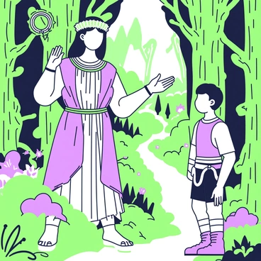 Athena, a woman with a regal presence, stands tall in a dense, mystical forest. She has long hair adorned with a laurel wreath and wears flowing robes. In her left hand, she holds a golden staff, while her right hand gestures towards a winding path that leads deeper into the forest. Beside her, a young hero with short hair looks up at her with admiration. He is dressed in simple armor, ready for an adventure. The forest surrounding them is filled with tall, ancient trees, their trunks covered in green moss. Soft light filters through the thick canopy above, illuminating patches of vibrant foliage. In the background, there are hints of fantastical creatures peeking through the underbrush.