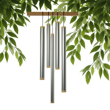 A set of wind chimes hanging from a wooden beam, crafted from silver and bamboo. The chimes have various lengths with sleek, metallic tubes that catch the light. They sway gently in a light breeze, producing harmonious sounds. The scene includes a backdrop of soft, green leaves moving slightly in the wind, creating a serene atmosphere. Sunlight filters through the trees, casting dappled shadows on the ground.