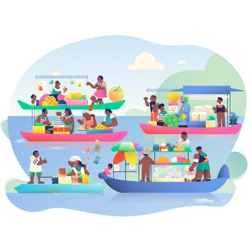 A bustling market is floating along a river, featuring a variety of colorful stalls set up on boats. Each boat displays vibrant fruits, vegetables, and handcrafted goods. People of different backgrounds are interacting, some haggling over prices while others are admiring the merchandise. The river reflects the bright colors of the stalls and the clear blue sky above. Nearby, a small group of children is playing by the water's edge, while a couple of vendors are preparing food on their boats. The scene is lively, filled with the sounds of chatter and laughter.