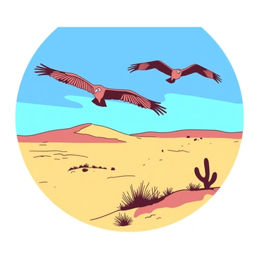 A group of condors is soaring high above a vast desert landscape. The sky is a vibrant blue, contrasting with the warm yellow tones of the sandy terrain below. The condors have broad wings outstretched, catching the sunlight as they glide effortlessly. In the background, there are distant sand dunes that ripple across the horizon. Sparse vegetation, such as hardy desert shrubs, dot the landscape, adding texture to the scene. The overall composition captures the grandeur of nature and the freedom of the migrating birds.