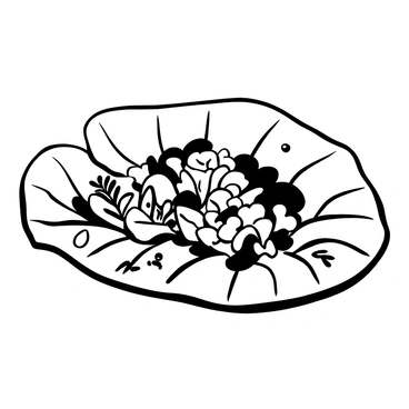 A large tropical leaf-shaped plate sits on a textured surface. The plate is filled with a light salad, featuring a variety of leafy greens and small slices of vegetables arranged neatly. There are delicate sprigs of herbs scattered throughout the salad. The plate's edge is detailed with the natural veining of a leaf. A few salad dressing droplets are artistically placed around the salad.