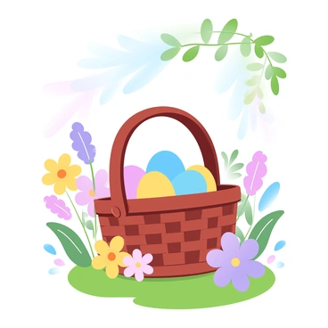 An Easter basket dappled with sunlight among blooming flowers in a quaint garden