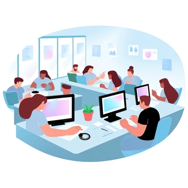 A group of students is focused on creating digital illustrations on their computers in a modern lab setting. Each student is seated at a sleek desk with a high-resolution monitor displaying vibrant artwork. Some students are using graphic tablets, while others are sketching ideas on paper nearby. The room is filled with large windows allowing natural light to illuminate the space. On the walls, there are various art pieces and inspirational posters. The atmosphere is collaborative, with students engaging in discussions about techniques and ideas.