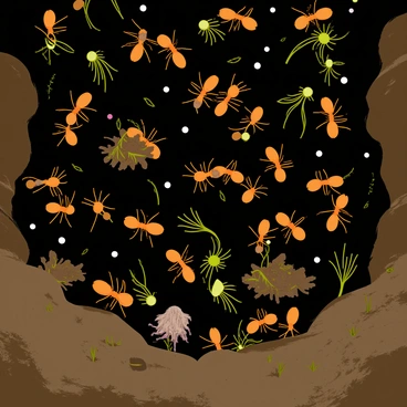 A close-up view of an ant colony, with numerous ants actively working together. The scene includes ants carrying small bits of soil and plant material. Some ants are digging and moving dirt, while others are organizing the tunnel structure. The underground environment features dark, textured soil with small pebbles scattered throughout. Tiny roots and fragments of organic matter can be seen, indicating the colony's efforts to create a complex network of tunnels and chambers.