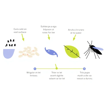 A detailed illustration of the lifecycle of a mosquito, showing each stage from egg to adult. The first stage includes clusters of oval-shaped eggs laid on water surfaces, depicted as small dark dots. The second stage features wrigglers, or larva, illustrated as elongated, transparent bodies with a small head, swimming in the water. The third stage shows the pupa, which has a rounded shape and is floating just below the water's surface, appearing more robust. The final stage includes an adult mosquito with delicate wings, long legs, and a slender body, standing on a leaf. Each stage is labeled clearly, providing information about the transformation process.