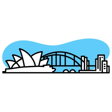A panoramic view of Sydney, featuring the iconic Harbour Bridge prominently in the foreground. The bridge's arching structure is detailed, with its steel beams clearly defined. The Sydney Opera House, with its distinctive sail-like roof, is visible nearby, enhancing the skyline. Various modern buildings make up the cityscape, each with unique shapes and sizes, rising into the sky. The image captures a clear blue sky, adding vibrancy to the urban scene.