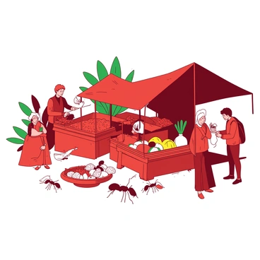 A red marketplace bustling with tiny ants engaged in various activities. Several small ant vendors are set up along makeshift stalls, showcasing tiny fruits and grains, with colorful items displayed prominently. Shoppers, also ants, are actively browsing the stalls, some carrying tiny bags filled with goods. In the background, there are snippets of green foliage creating a natural setting. The atmosphere is vibrant, with ants exchanging goods and prices, creating a lively scene of commerce and interaction.